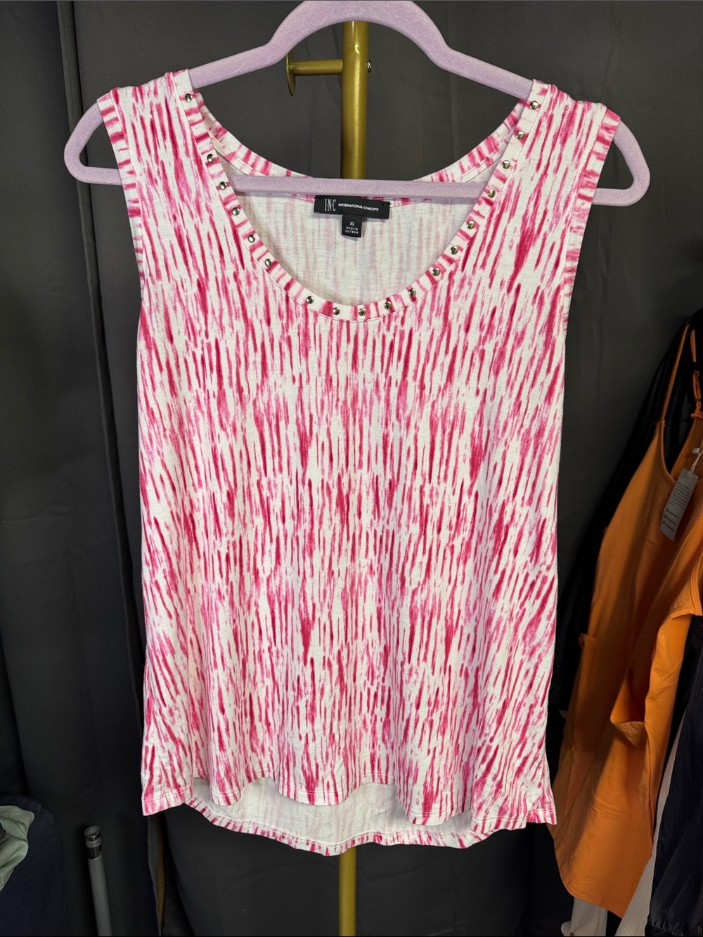 INC International Concepts Pink and White Patterned Studded Tank Top